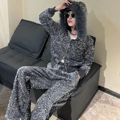 P new thickened autumn and winter casual velvet set heavy industry high waist loose casual sequins shiny and popular sweet and spicy