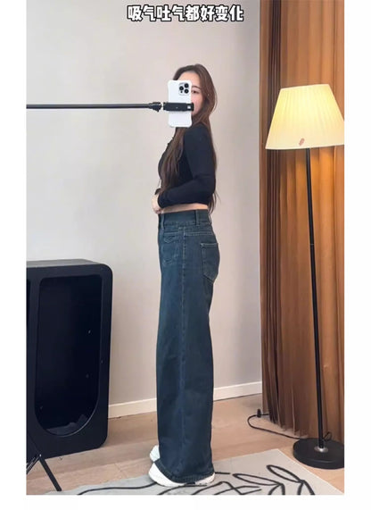 Spring and Autumn American Retro High-Waisted Loose Wide-Leg Pants