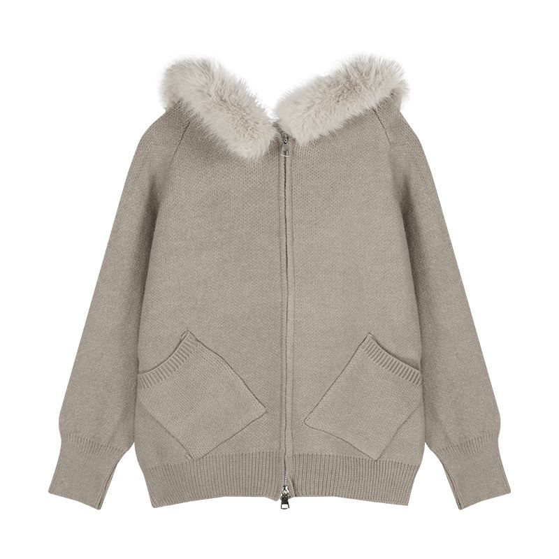 A khaki wool hooded sweater jacket for women's autumn