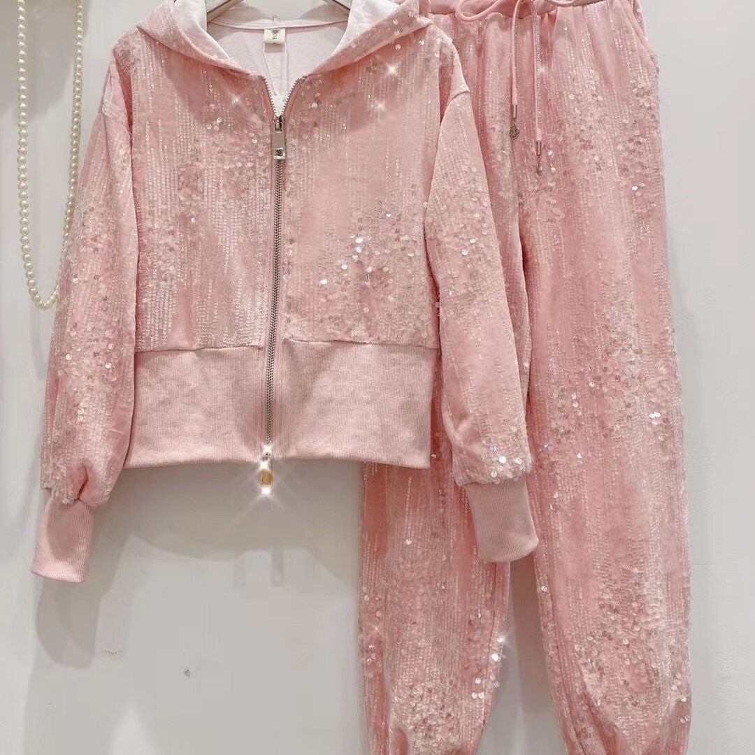 A Heavy Industry Velvet Sequin Double Pull Lock Foreign Style Age Reduction Skinny Top Plus Pants Suit Women