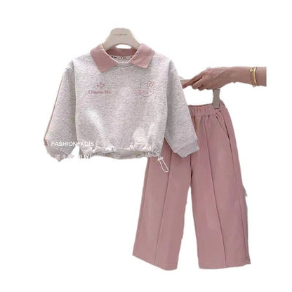 P Girls lapel sweater sweatpants set