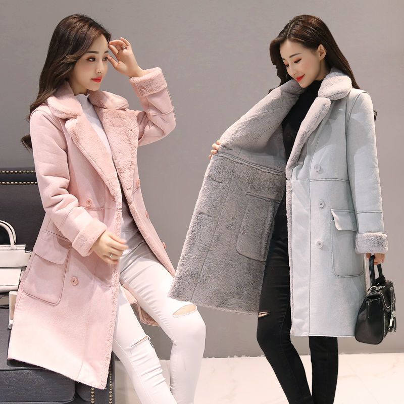 P lamb wool coat women's Korean version winter velvet thickened suede coat medium and long fur integrated lapel cotton-padded coat