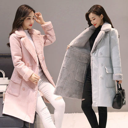 P lamb wool coat women's Korean version winter velvet thickened suede coat medium and long fur integrated lapel cotton-padded coat