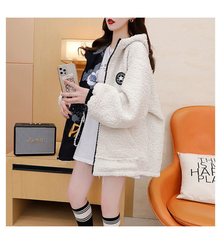 Fleece-Lined Thickened Two-Way Lamb Wool Cardigan Coat for Women