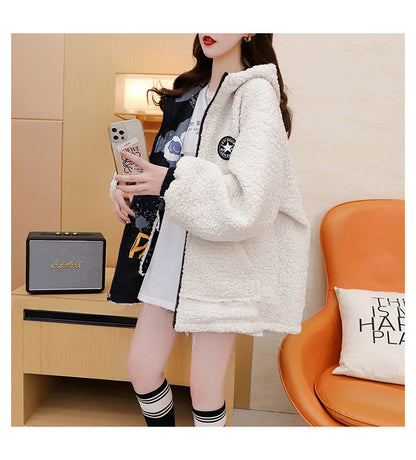 Fleece-Lined Thickened Two-Way Lamb Wool Cardigan Coat for Women