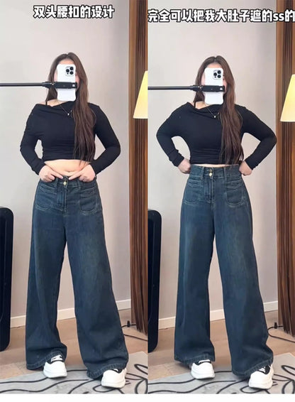 Spring and Autumn American Retro High-Waisted Loose Wide-Leg Pants