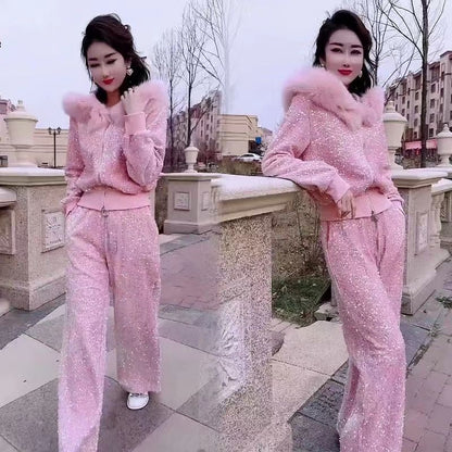 P wearing galaxy outer wear European new French heavy industry sequins winter hooded fashion two-piece set high-end