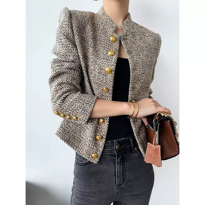 P new French retro Hong Kong style women's short coat spring and autumn small fragrant tweed jacket long-sleeved top