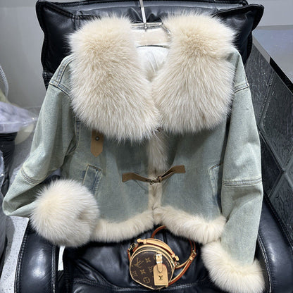 P fur neck denim jacket