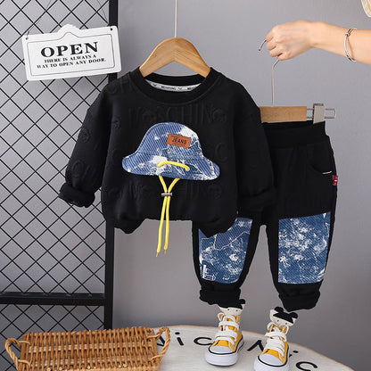 P boys and girls long-sleeved two-piece sweater spring and autumn new handsome baby clothes foreign children's autumn clothes suit children