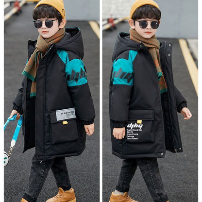 A Boys' piled and thickened cotton clothes jacket medium and large children's foreign style medium and long children's cotton clothes