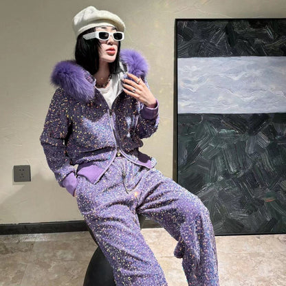 P new thickened autumn and winter casual velvet set heavy industry high waist loose casual sequins shiny and popular sweet and spicy