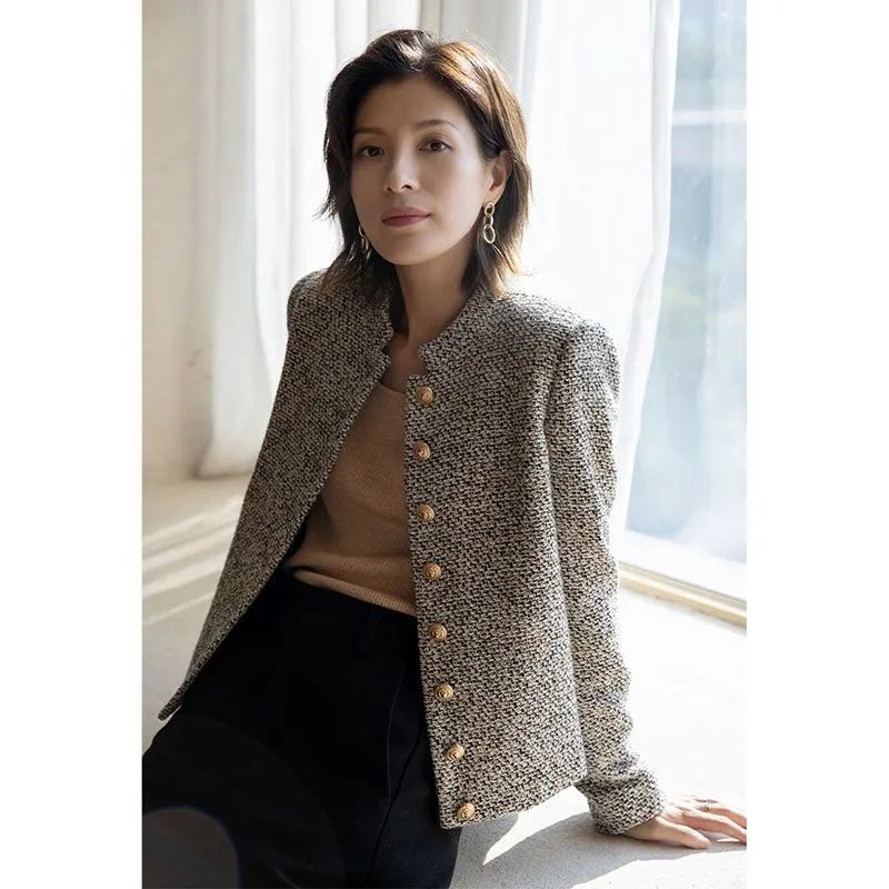 A Spring and Autumn new retro small fragrant tweed rice camel temperament fashionable and thin high-end short coat