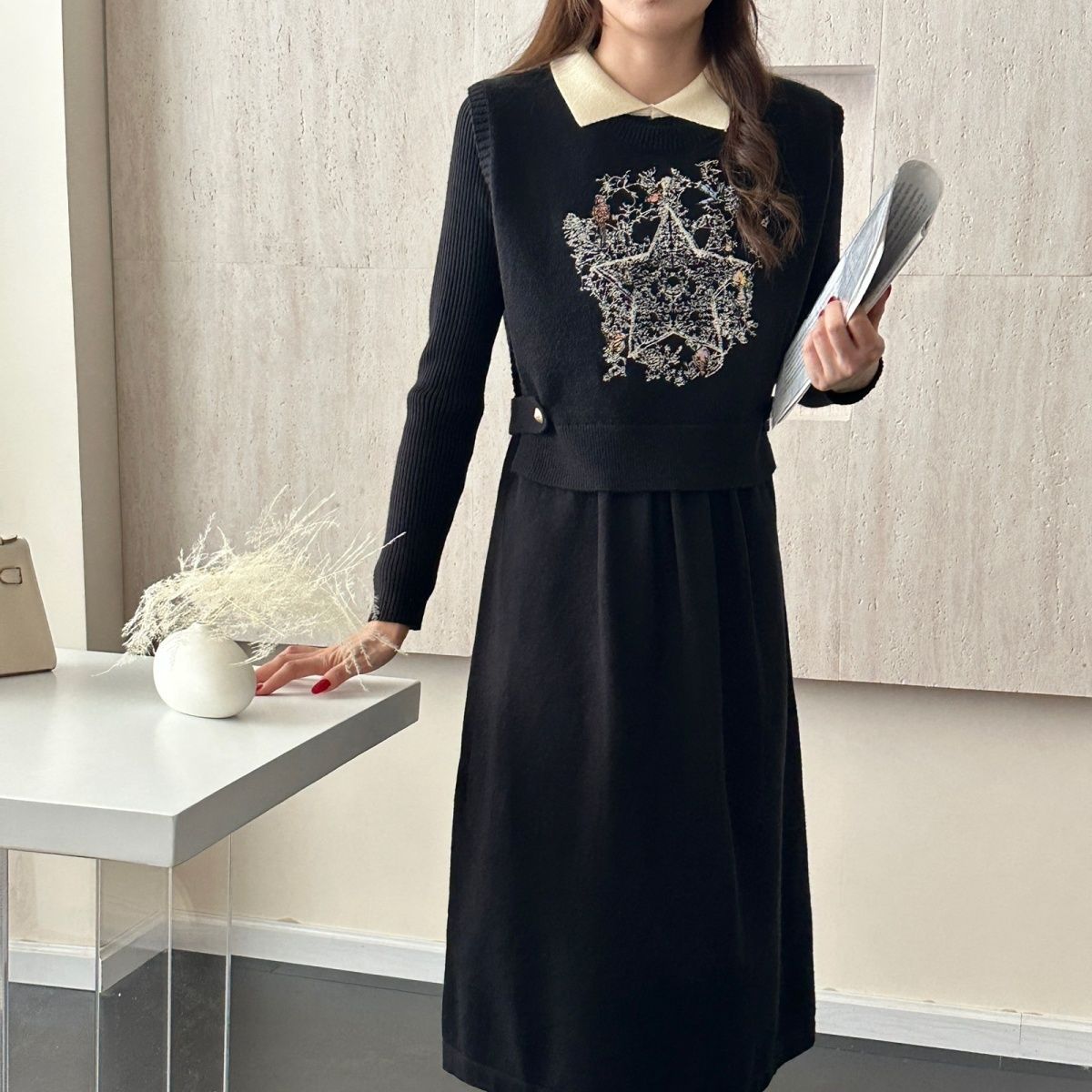 P Knitted Embroidered Vest Long Sleeve Two-piece Set