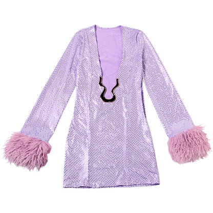 V Collar Long Sleeve Dress