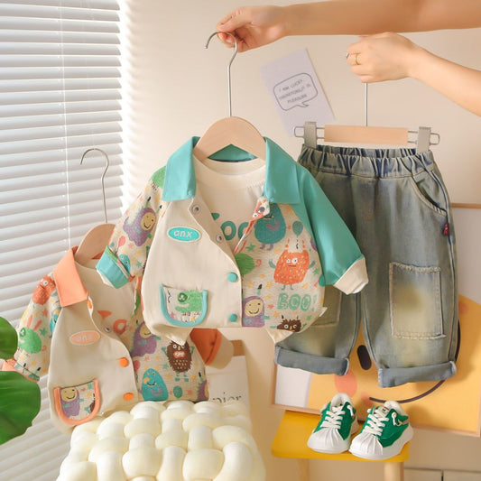 P new baby children Korean version baby spring and autumn long-sleeved cute animal jacket three-piece set