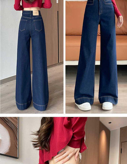 Denim Blue Straight-Leg Jeans for Women Spring Summer High Waist Stretchy Draped Wide-Leg Pants