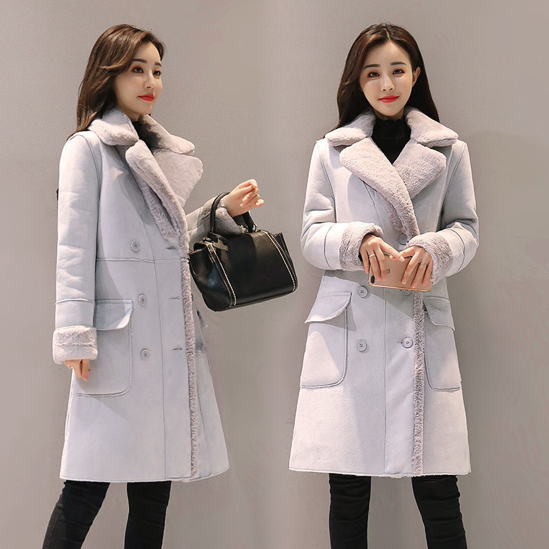 P lamb wool coat women's Korean version winter velvet thickened suede coat medium and long fur integrated lapel cotton-padded coat