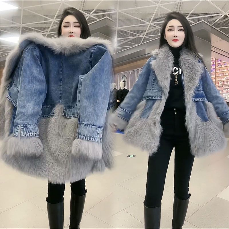 P denim spliced sweater collar coat