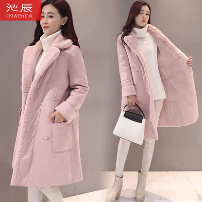 P lamb wool coat women's Korean version winter velvet thickened suede coat medium and long fur integrated lapel cotton-padded coat