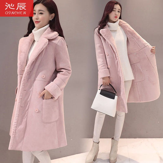 P lamb wool coat women's Korean version winter velvet thickened suede coat medium and long fur integrated lapel cotton-padded coat