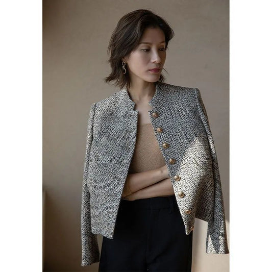A Spring and Autumn new retro small fragrant tweed rice camel temperament fashionable and thin high-end short coat
