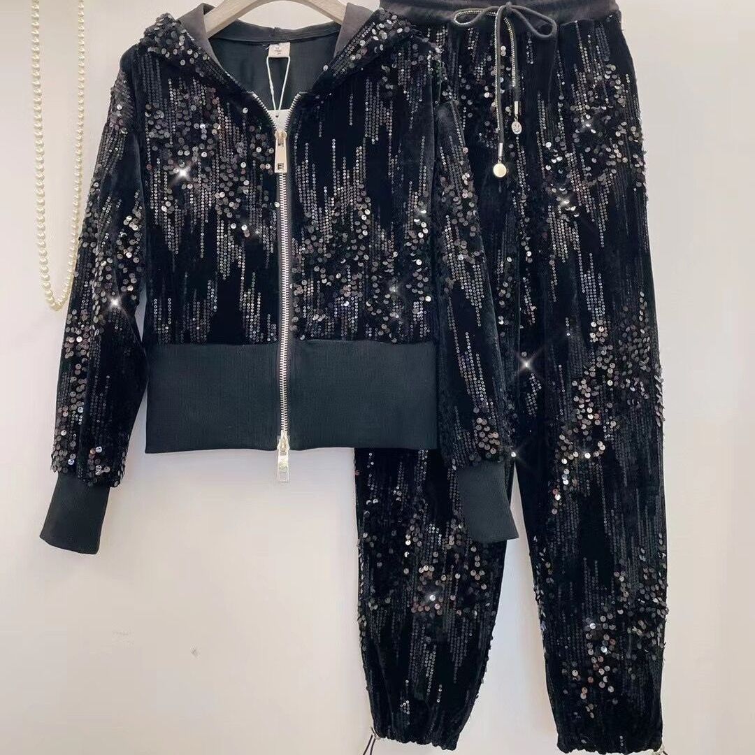 A Heavy Industry Velvet Sequin Double Pull Lock Foreign Style Age Reduction Skinny Top Plus Pants Suit Women