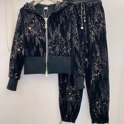 A Heavy Industry Velvet Sequin Double Pull Lock Foreign Style Age Reduction Skinny Top Plus Pants Suit Women