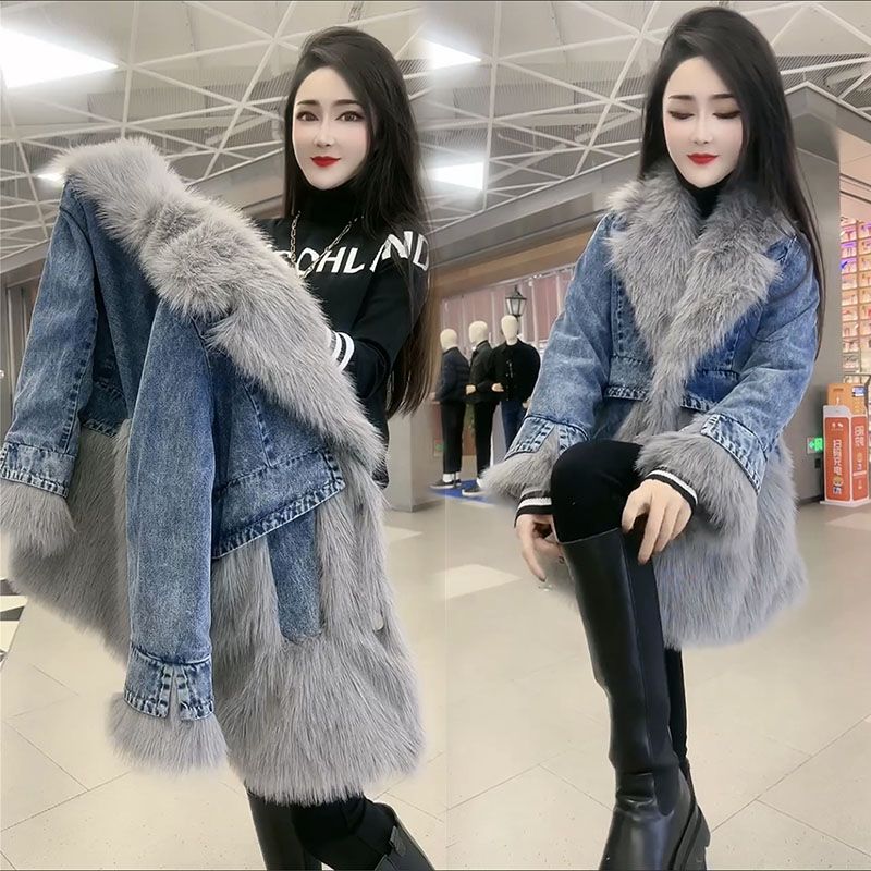 P denim spliced sweater collar coat