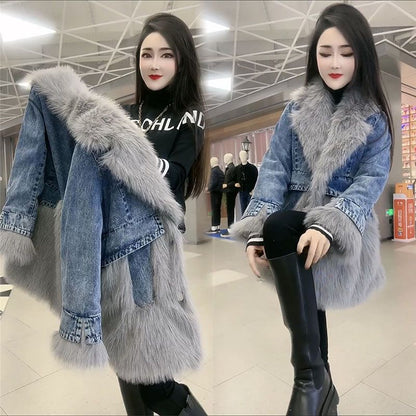 P denim spliced sweater collar coat