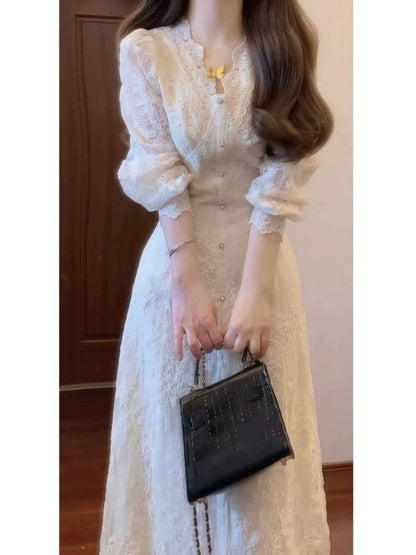 P French gentle wind super good-looking V-neck lace long-sleeved dress small man unique beautiful waist dress