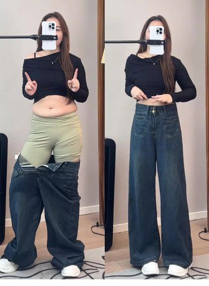 Spring and Autumn American Retro High-Waisted Loose Wide-Leg Pants