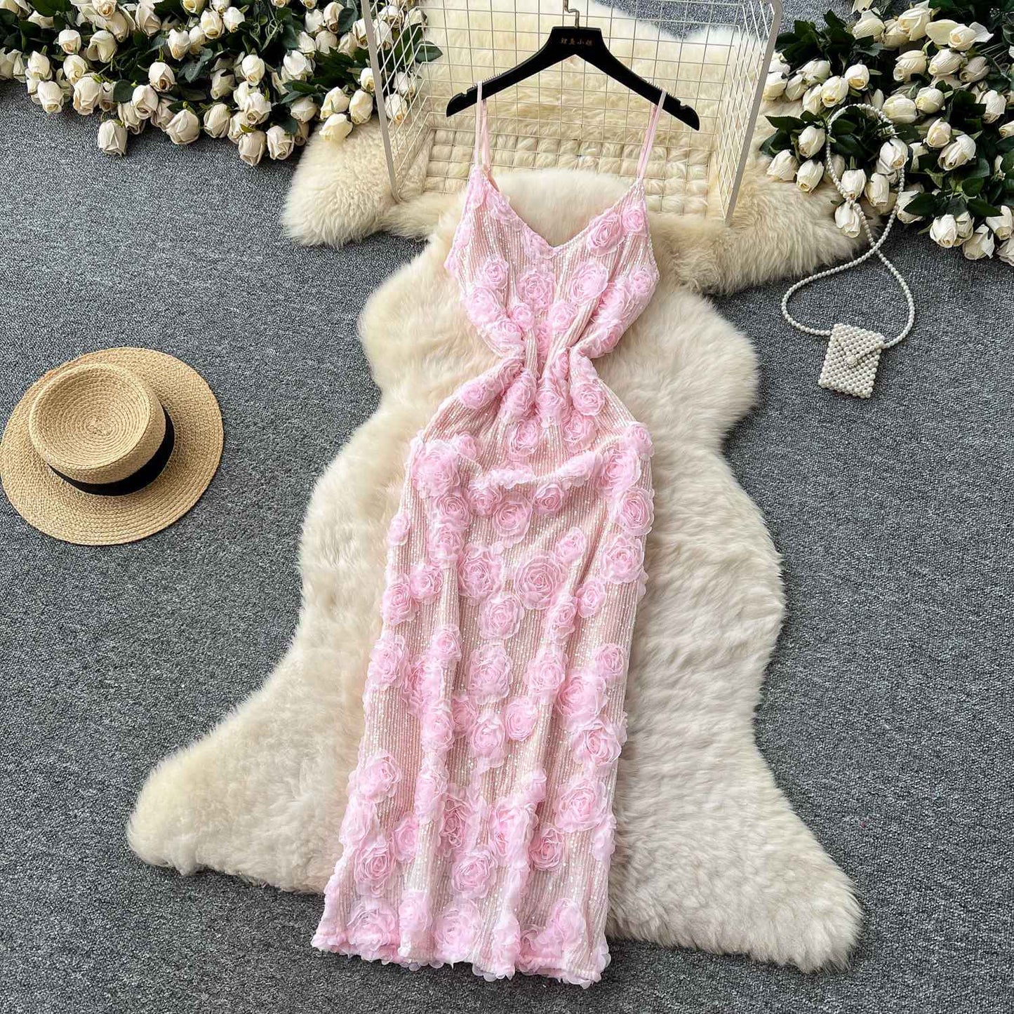 P light luxury celebrity high-end three-dimensional flower sequin dress women's summer French waist slim-fitting hip-wrapped long skirt
