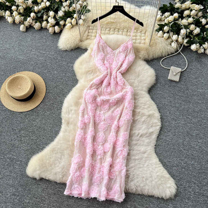 P light luxury celebrity high-end three-dimensional flower sequin dress women's summer French waist slim-fitting hip-wrapped long skirt