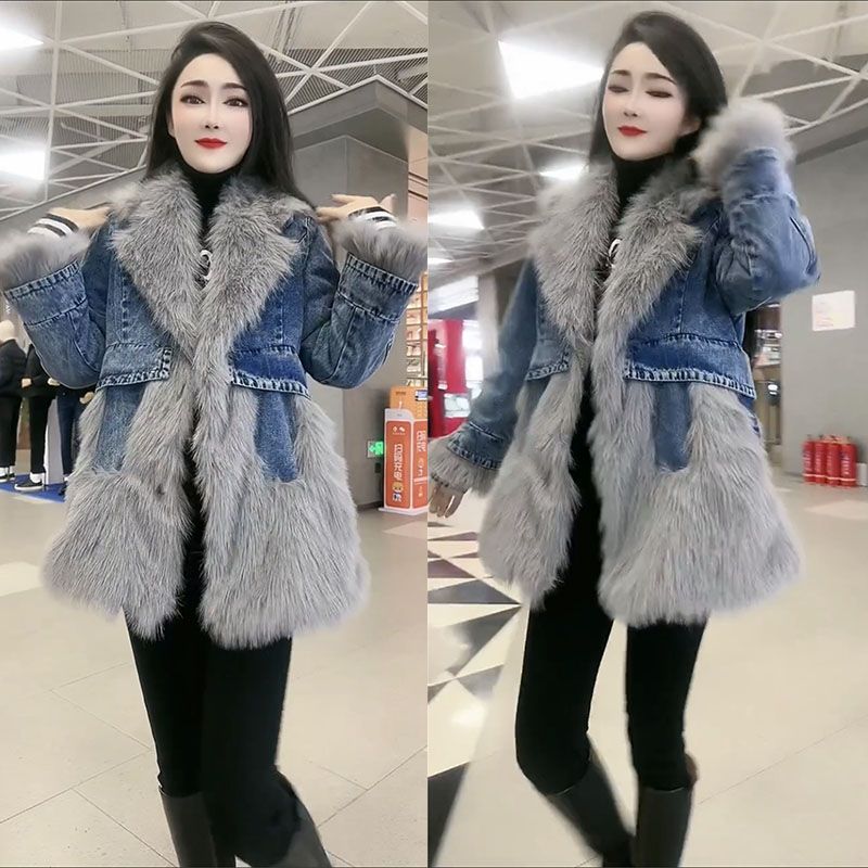 P denim spliced sweater collar coat