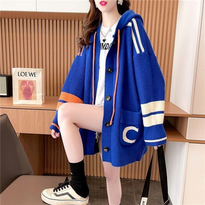 P Lazy Wind Hooded Sweater Cardigan Women's Medium and Long Korean Version